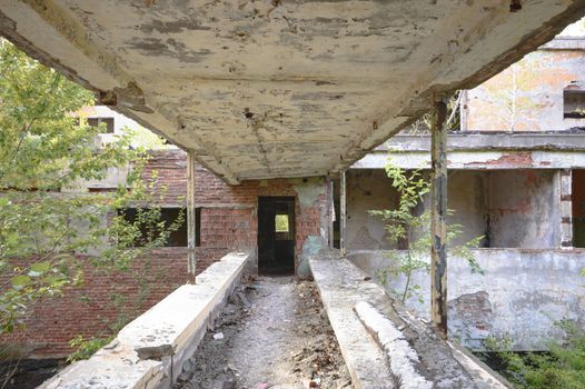 wide angle view of an old wall abandoned factory building