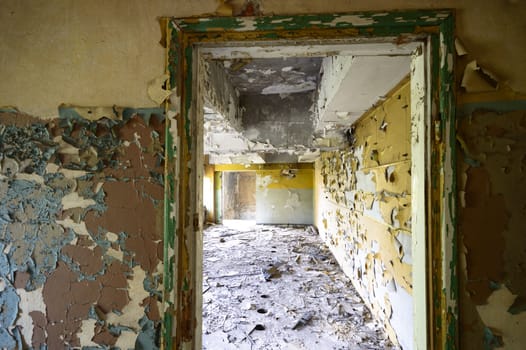 wide angle view of an old wall abandoned factory building