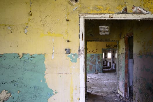 wide angle view of an old wall abandoned factory building