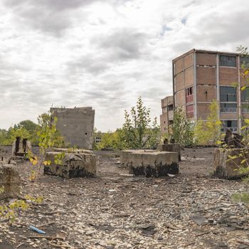 wide angle view of an old wall abandoned factory building