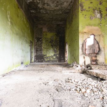 wide angle view of an old wall abandoned factory building