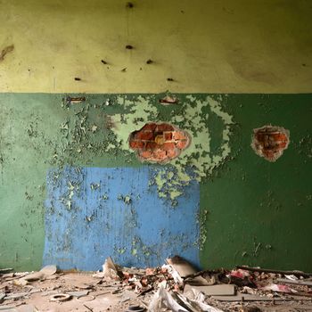 wide angle view of an old wall abandoned factory building