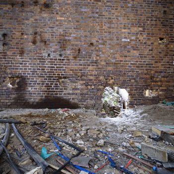 wide angle view of an old wall abandoned factory building