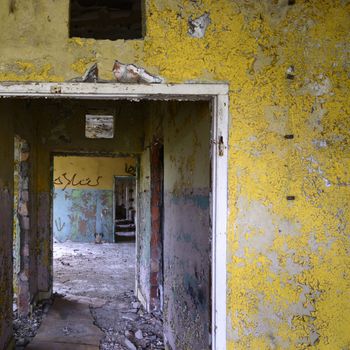 wide angle view of an old wall abandoned factory building