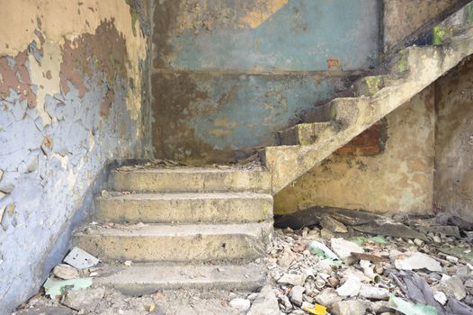 wide angle view of an old wall abandoned factory building