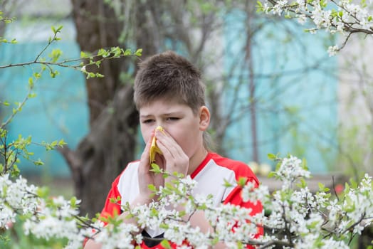 teenage Boy with allergic rhinitis in  spring garden