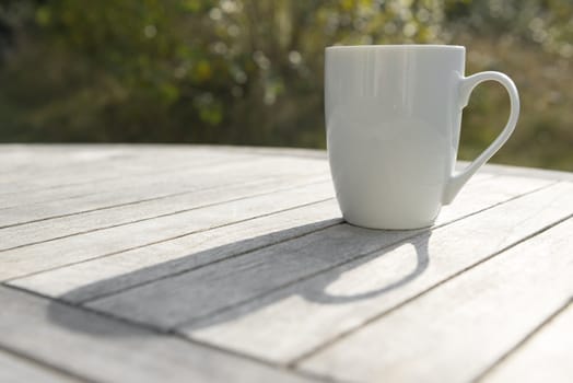 White ceramic drinking cup on a hard wooden table in the sunlight
