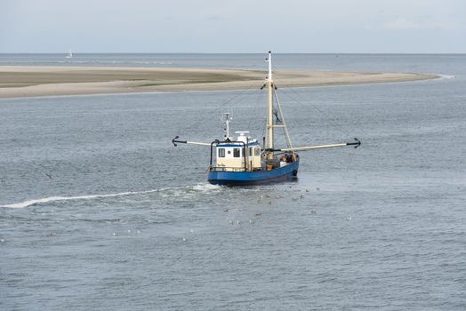 Fishing boat on the Wadden Sea near the island of Vlieland in the North of the Netherlands
