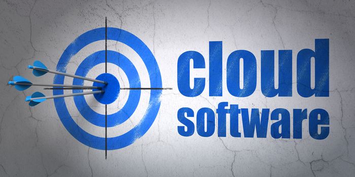 Success cloud technology concept: arrows hitting the center of target, Blue Cloud Software on wall background, 3D rendering