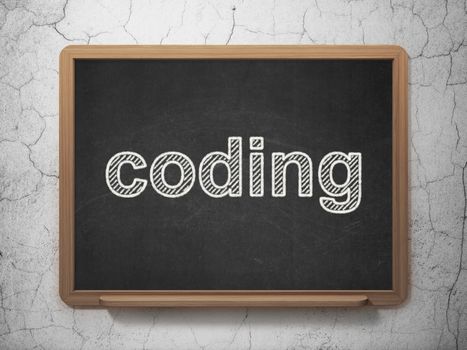 Software concept: text Coding on Black chalkboard on grunge wall background, 3D rendering