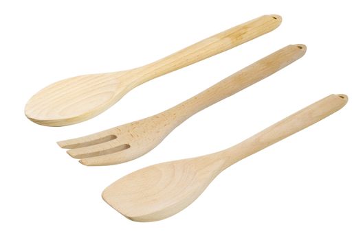 Wooden kitchen utensils set, isolated on white background