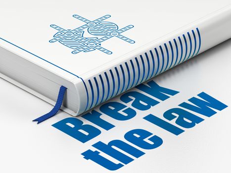 Law concept: closed book with Blue Criminal icon and text Break The Law on floor, white background, 3D rendering