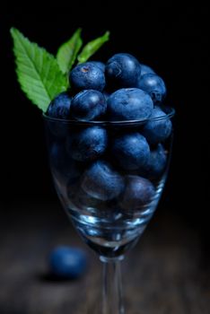 Blueberries with leaves in small glass