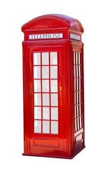 Red telephone box on white isolated background