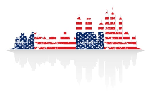 City skyline in colors of USA flag, grunge style with shadow