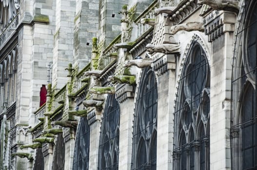 Notre Dame of Paris: Stryge and demon, most famous of all Chimeras, overlooking the skyline of Paris at a summer day