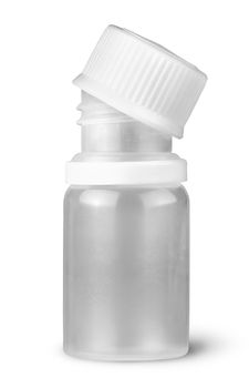Small plastic bottle with lid removed isolated on white background
