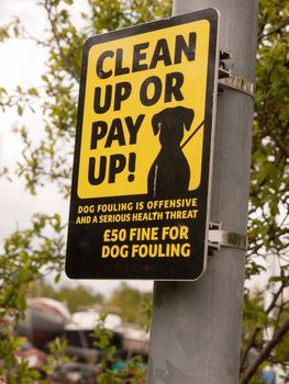 black and yellow sign outside on pole saying clean up or pay up dog fouling outside warning