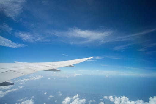 wing of an airplane flying above the clouds