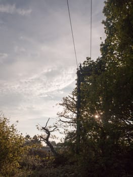 a scene of country with a pylon submerged with the trees outside country with industry and communication and travel sunset