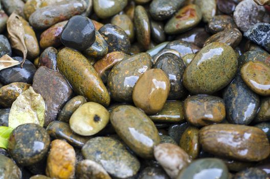 Grey wet pebbles on the beach macro photo for background. Natural round stones close up. Speckled stone texture for wallpapers or backdrop. Volcanic seashore. Small rocks closeup