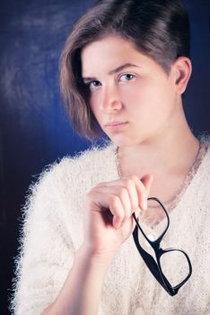 young girl with glasses, girl teenager with short hair