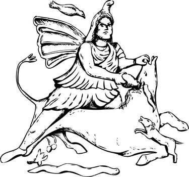 Outlined forensic reconstruction of Mithras slaying of a black bull from 4th century artwork