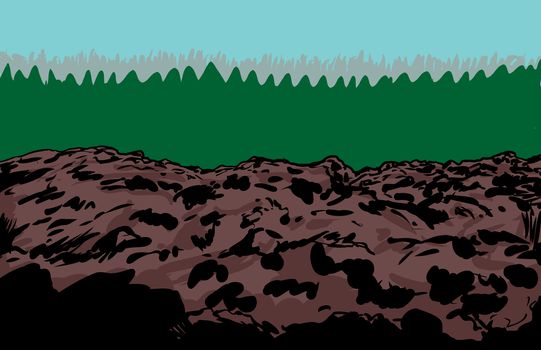Rocky slag heap mine illustration with trees in background