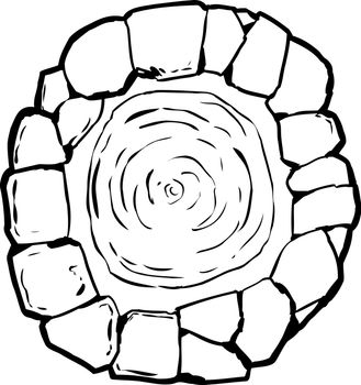 Outlined drawing of top down view on old well full of water over isolated background