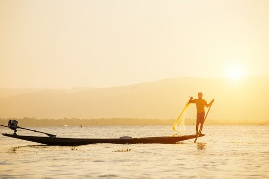 Fisherman of Lake in action when fishing, Myanmar (Burma)