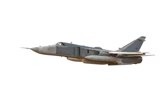 Military jet bomber Su-24 Fencer flying a white background.