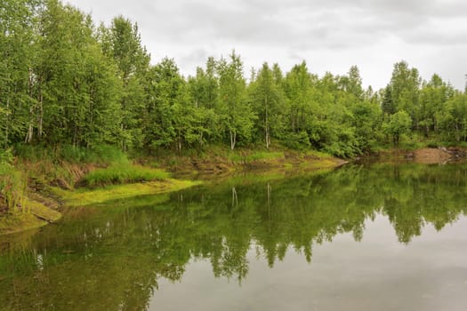 Spilling river in a green forest natural background.