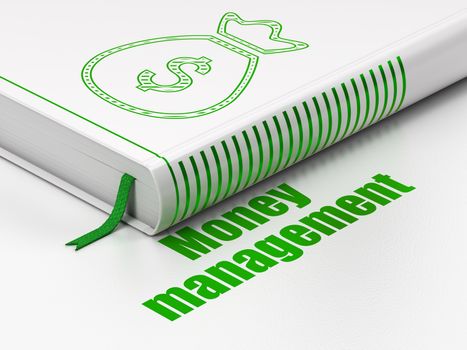 Money concept: closed book with Green Money Bag icon and text Money Management on floor, white background, 3D rendering