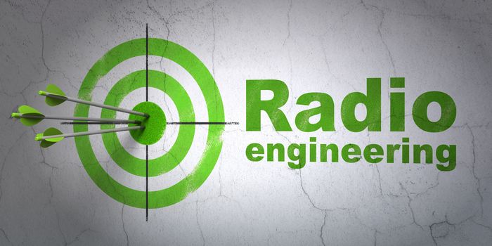 Success Science concept: arrows hitting the center of target, Green Radio Engineering on wall background, 3D rendering