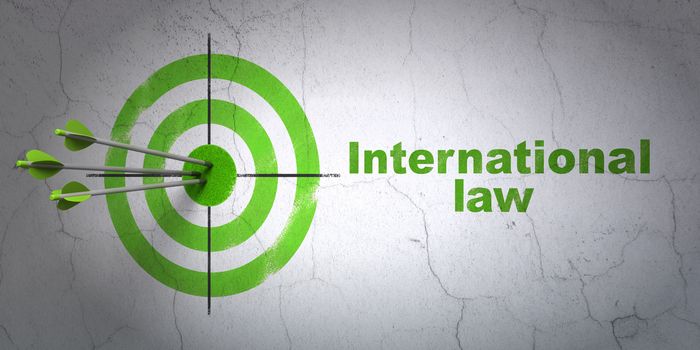 Success politics concept: arrows hitting the center of target, Green International Law on wall background, 3D rendering