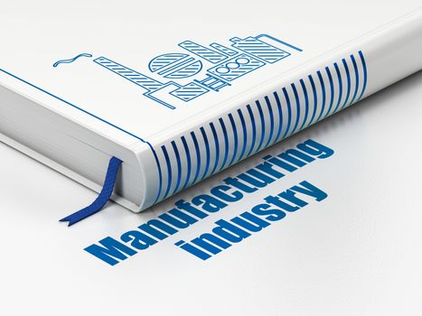 Manufacuring concept: closed book with Blue Oil And Gas Indusry icon and text Manufacturing Industry on floor, white background, 3D rendering