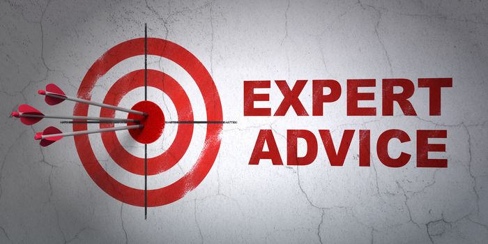 Success law concept: arrows hitting the center of target, Red Expert Advice on wall background, 3D rendering