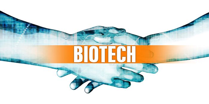 Biotech Concept with Businessmen Handshake on White Background