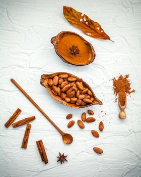 Desserts background and Desserts menu design . Brown chocolate powder in spoon . Roasted cocoa beans in the dry cocoa pod , star anise and cinnamon sticks on shabby wooden background.