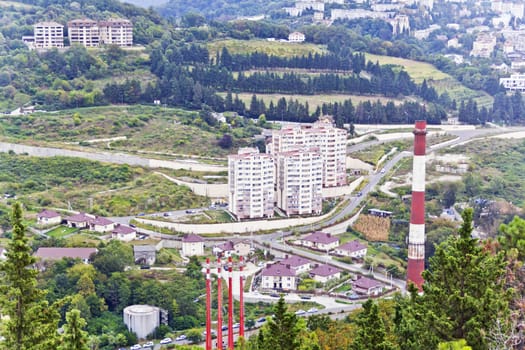 Panorama of Russian resort town Sochi in summer sunny day