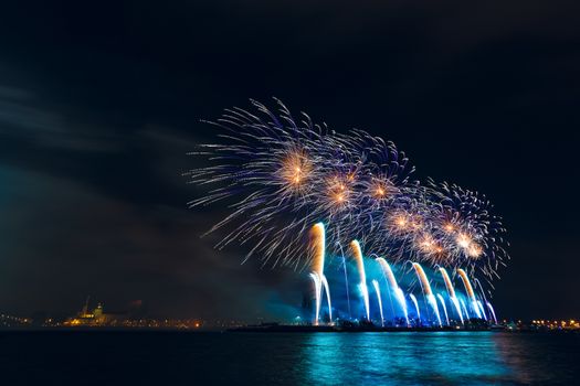 Colored New Year fireworks in centre of Riga