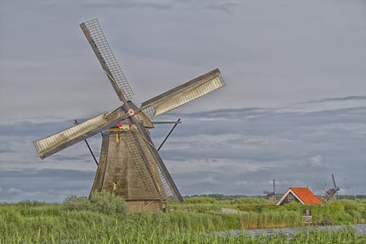 Windmill near the water canal at sunrise in Netherlands