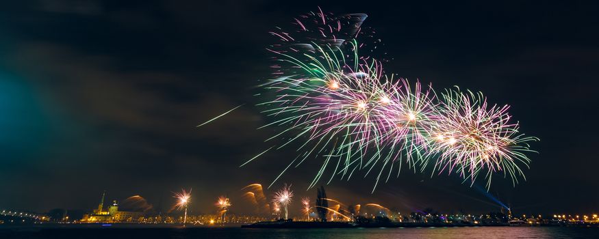 Colored New Year fireworks in centre of Riga