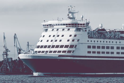 Big cruise liner's bow. Passenger ferry underway close up