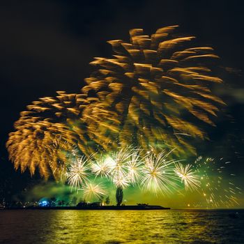 Colored New Year fireworks in centre of Riga