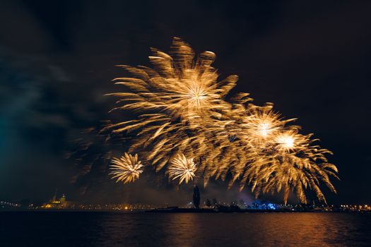 Colored New Year fireworks in centre of Riga