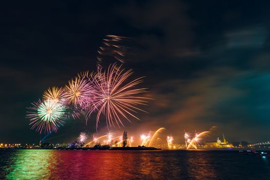 Colored New Year fireworks in centre of Riga