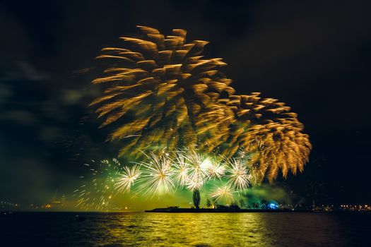 Colored New Year fireworks in centre of Riga