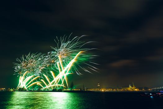 Colored New Year fireworks in centre of Riga