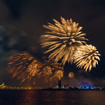 Colored New Year fireworks in centre of Riga